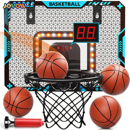 Over Door Basketball Hoop with LED Lights & Electronic Scoreboard – Mini Hoop Set with 4 Balls for Kids Teens Adults, No Drilling Indoor Outdoor Sport Game | Best Birthday Christmas Gift