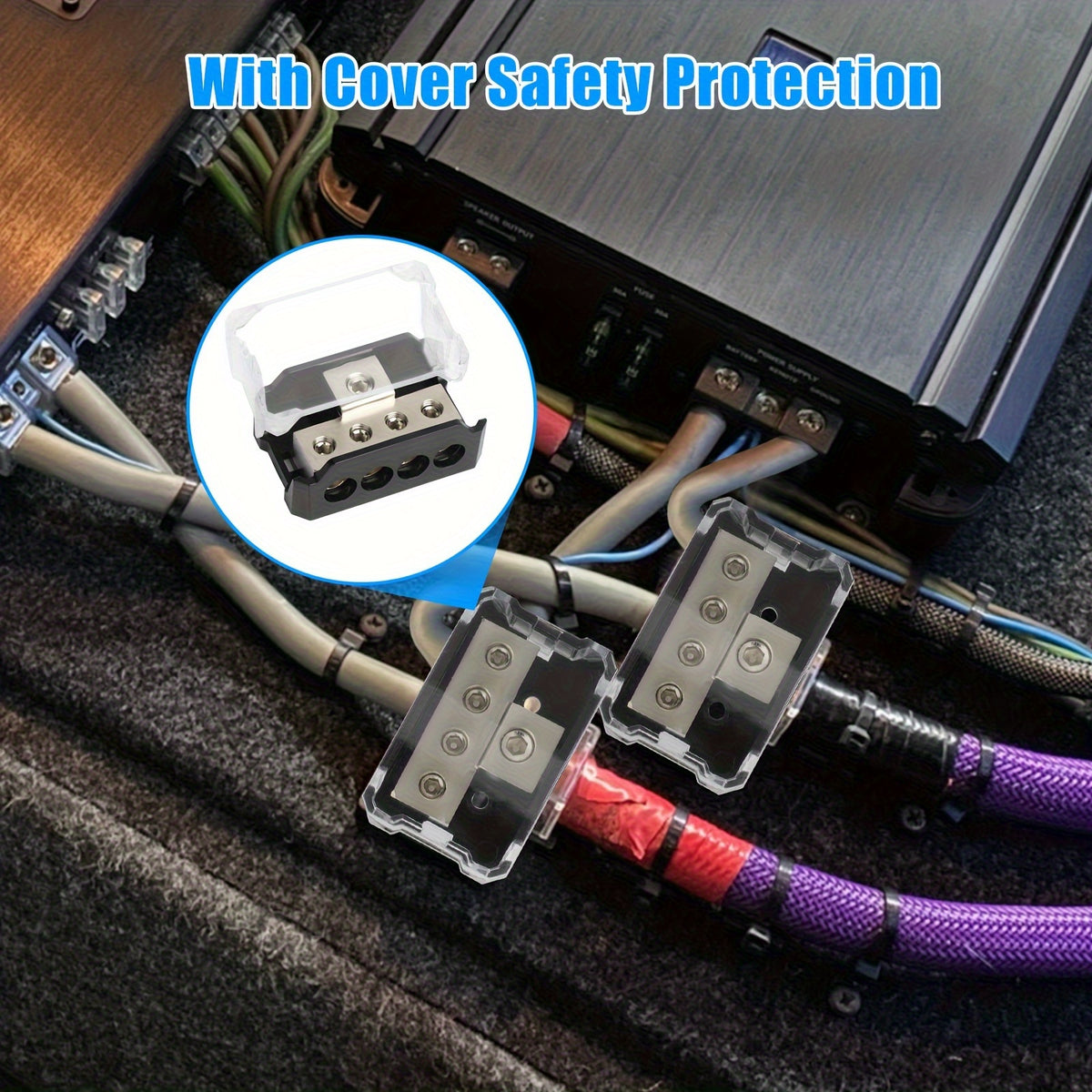 4 Way Power Distribution Block, Power Distribution Ground Distributor Connecting Block for Car Amplifier Audio Splitter 2 Pack, Without Battery