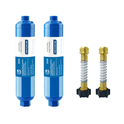RV Water Filter with Flexible Hose Protector – Inline Hose Filter, Reduces Chlorine, Odors & Sediment, BPA-Free, for RV, Camper, Boat, Garden, Camping, 1/2/4 Pack