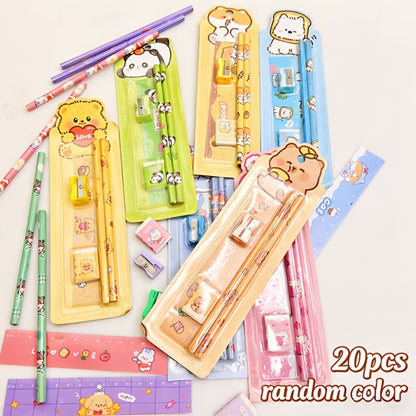 20-Piece Cartoon Pencil Stationery Set with Ruler Eraser Sharpener, Random Cartoon Styles, Kids School Supplies, Party Favor Prizes, Festival Gift Set for Students
