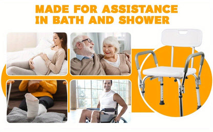 Shower Chair with Armrests & Backrest – Height Adjustable Aluminum Bath Seat, 350 LBS Capacity, Non-Slip Rubber Feet, Cushioned Support for Elderly, Disabled & Post-Surgery, Fits Most Showers & Tubs
