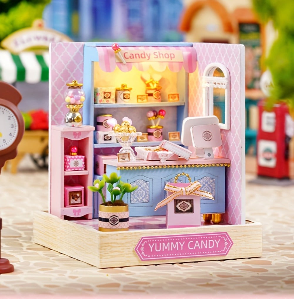 DIY Miniature Shop Dollhouse Kit with Dust Cover – Wooden Mini Store Assembly Set, 4 Themes Sakura Noodles Candy Atelier Coffee, Creative Home Decor Display Gift for Adults & Teens Birthday Christmas