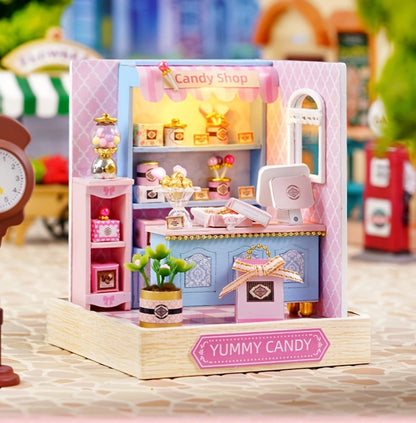 DIY Miniature Shop Dollhouse Kit with Dust Cover – Wooden Mini Store Assembly Set, 4 Themes Sakura Noodles Candy Atelier Coffee, Creative Home Decor Display Gift for Adults & Teens Birthday Christmas