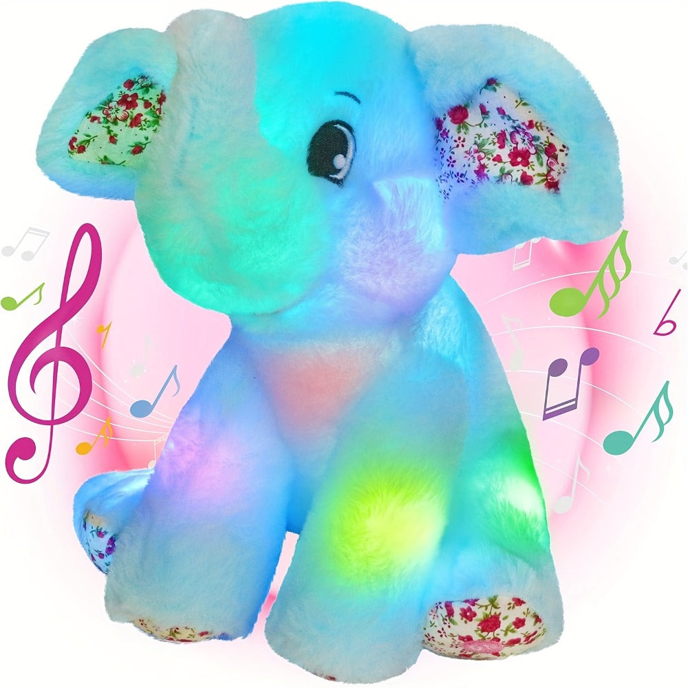 Glowing Elephant Stuffed Animal Plush Toy with LED Lights & Lullabies — Soft Floppy Blue Elephant Nightlight Companion for Babies Toddlers Kids | Birthday Easter Christmas Baby Shower Gift