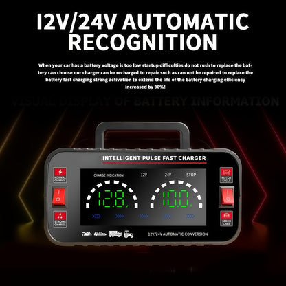Car Battery Charger 12V/24V with LCD Display – Fast Charging Portable Maintainer for Cars, Trucks, RVs & Motorcycles, Overcharge Protection, Lead-Acid Compatible