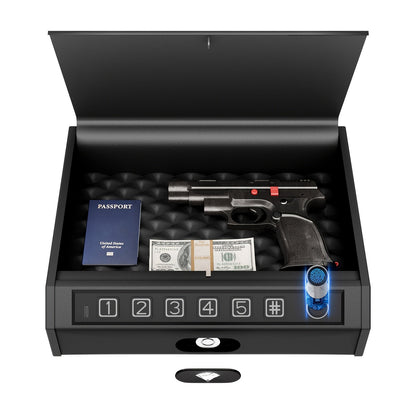 Biometric Gun Safe Fingerprint Digital PIN & Key Unlock 3-Way Access Internal Light Silent Mode Emergency Power Supply Gun Lock Box for Home Bedroom Nightstand Car