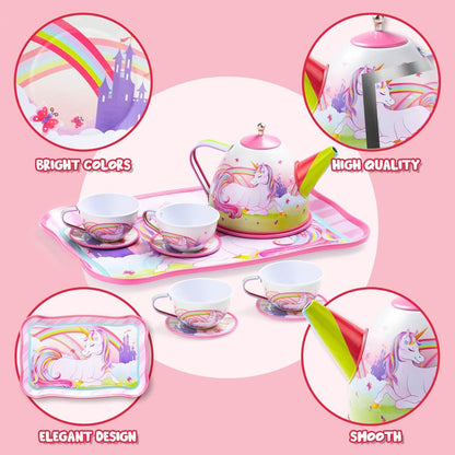 Unicorn Tea Party Set for Girls – Pretend Play Pink Tin Teapot with Cups, Plates & Carrying Case, Magical Rainbow Design, Birthday Christmas Gift for Kids Ages 3+