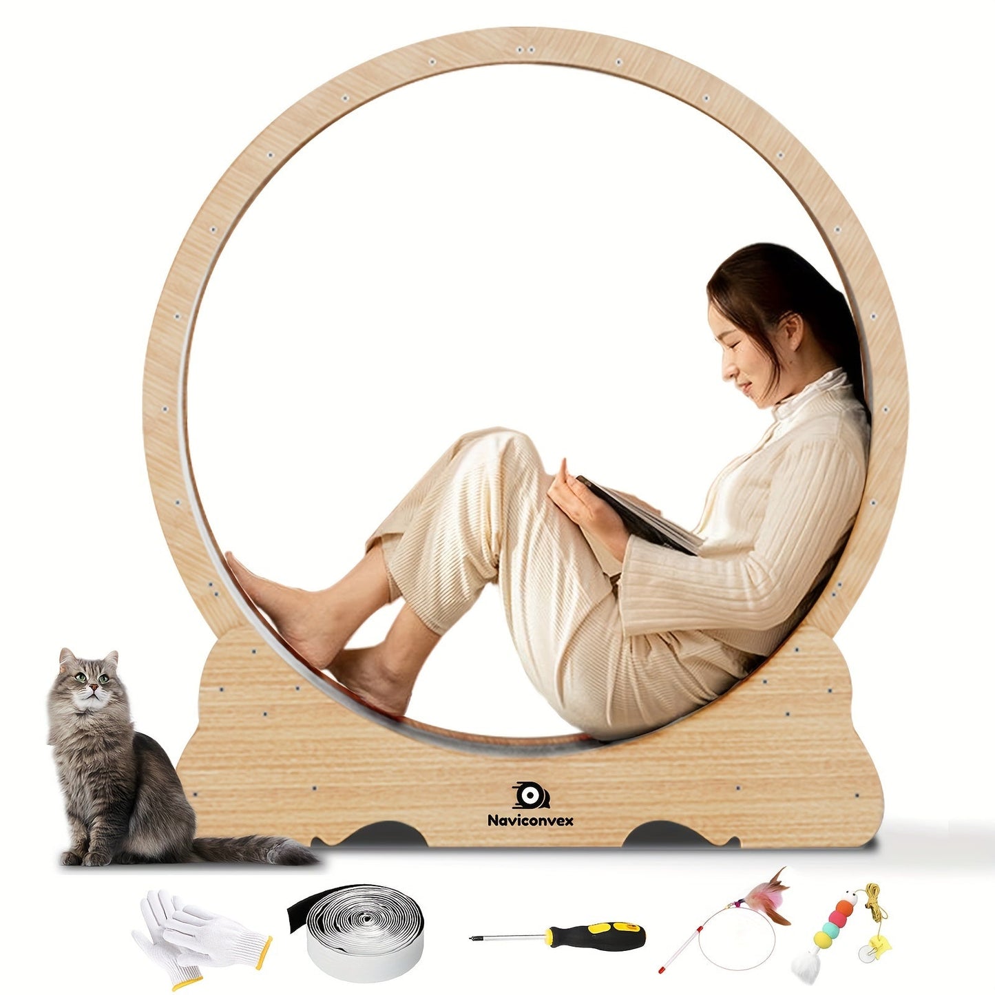 Cat Exercise Wheel 45-Inch XL Silent Running Wheel – Large Wooden Indoor Cat Treadmill with Carpeted Runway for Active Cats, Cat Fitness Wheel Gift for Cat Lovers, Wood, White & Black