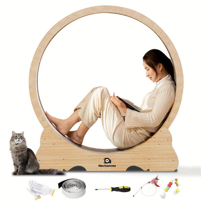 Cat Exercise Wheel 45-Inch XL Silent Running Wheel – Large Wooden Indoor Cat Treadmill with Carpeted Runway for Active Cats, Cat Fitness Wheel Gift for Cat Lovers, Wood, White & Black