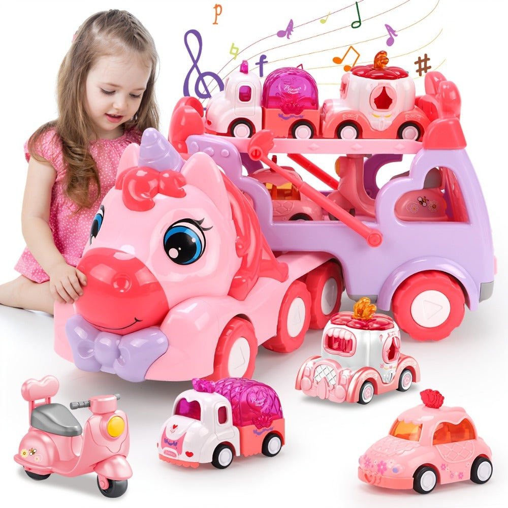Pink Carrier Truck Toy with 4 Mini Cars, Music & Lights – Battery Powered Pull-Back Transport Vehicle for Girls Boys Ages 3+, Holiday Birthday Christmas Gift
