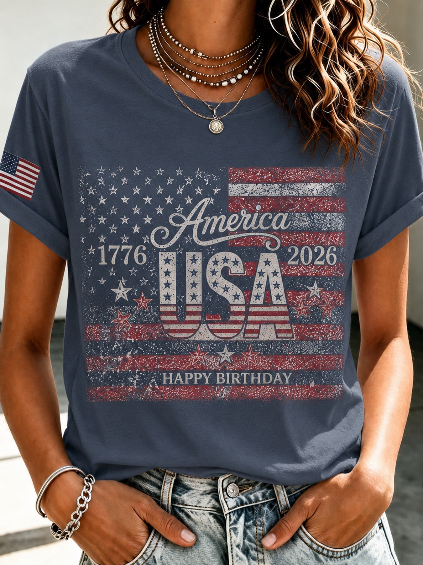 Men's Patriotic T-Shirt - Round Neck Short Sleeve Streetwear Style