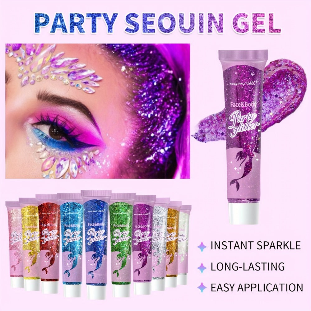 Holographic Glitter Gel Set 10 Colors Cosmetic Grade Face Body Makeup - Festival Rave Cosplay Anime Halloween Party Shimmer Skin Safe Easy Apply Remove