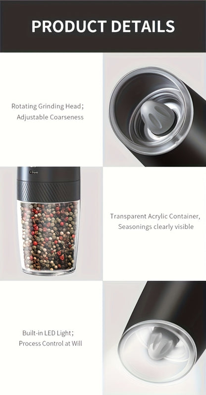 Electric Salt and Pepper Grinder Gravity Sensing USB Rechargeable with LED Light, One-Hand Operation Automatic Pepper Mill Adjustable Coarseness, Battery or Type-C Powered Kitchen Spice Grinder Set 1-2pcs