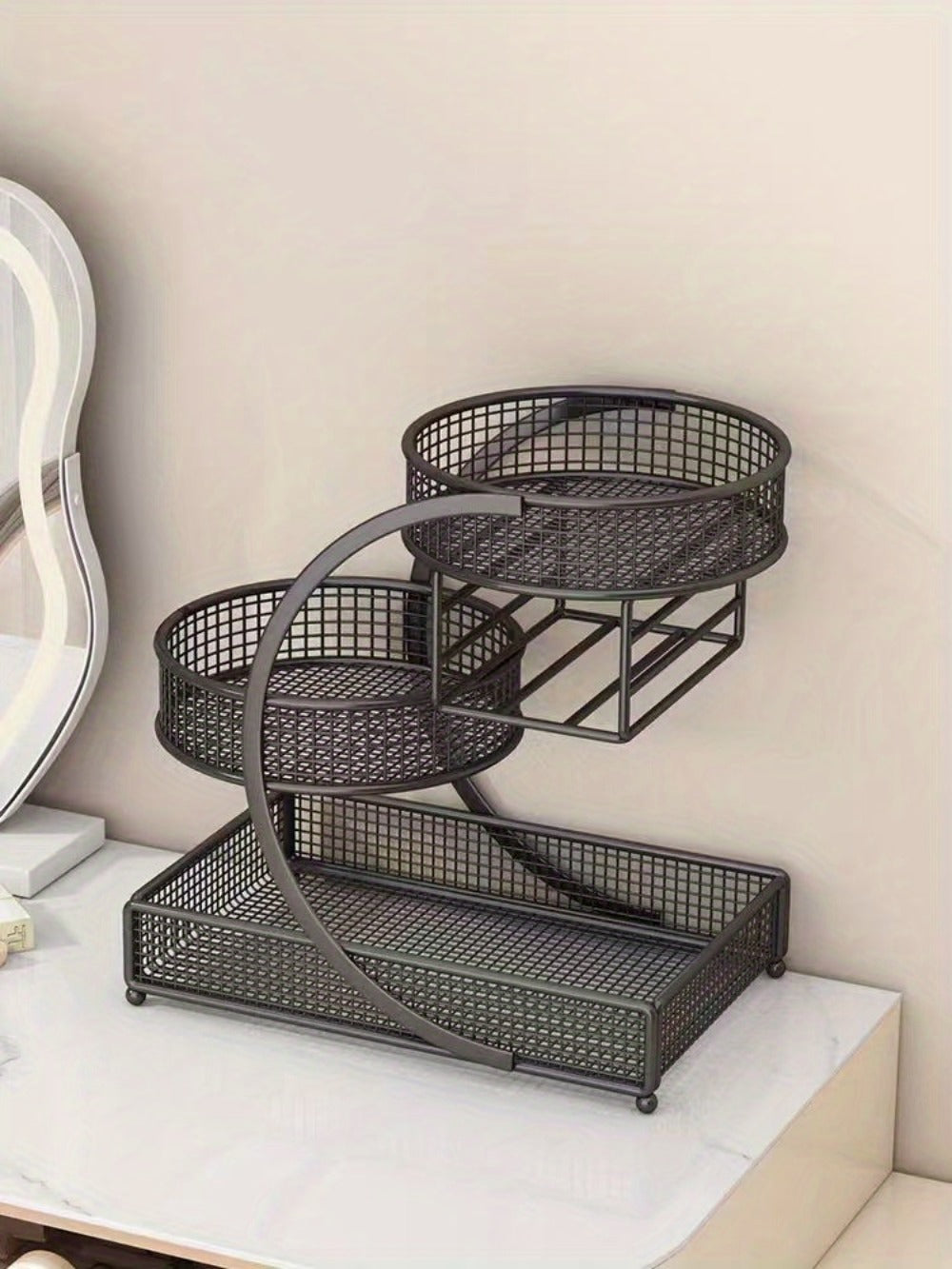 3-Tier Metal Cosmetic Organizer with Tissue Box Holder No-Installation Countertop Makeup Skincare Storage Rack for Bathroom Dresser Vanity Table Black White