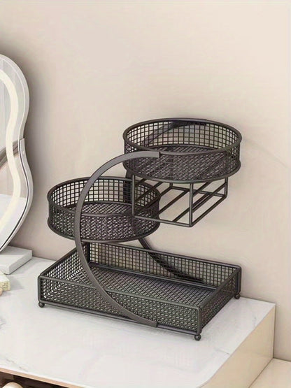 3-Tier Metal Cosmetic Organizer with Tissue Box Holder No-Installation Countertop Makeup Skincare Storage Rack for Bathroom Dresser Vanity Table Black White