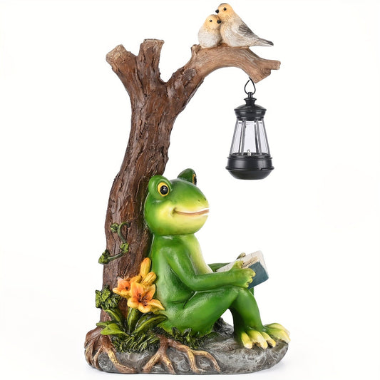 Solar Garden Frog Reading Statue Light, Resin Outdoor Lawn Decor, Yard & Patio Ornament, Auto On/Off LED, Whimsical Garden Gift