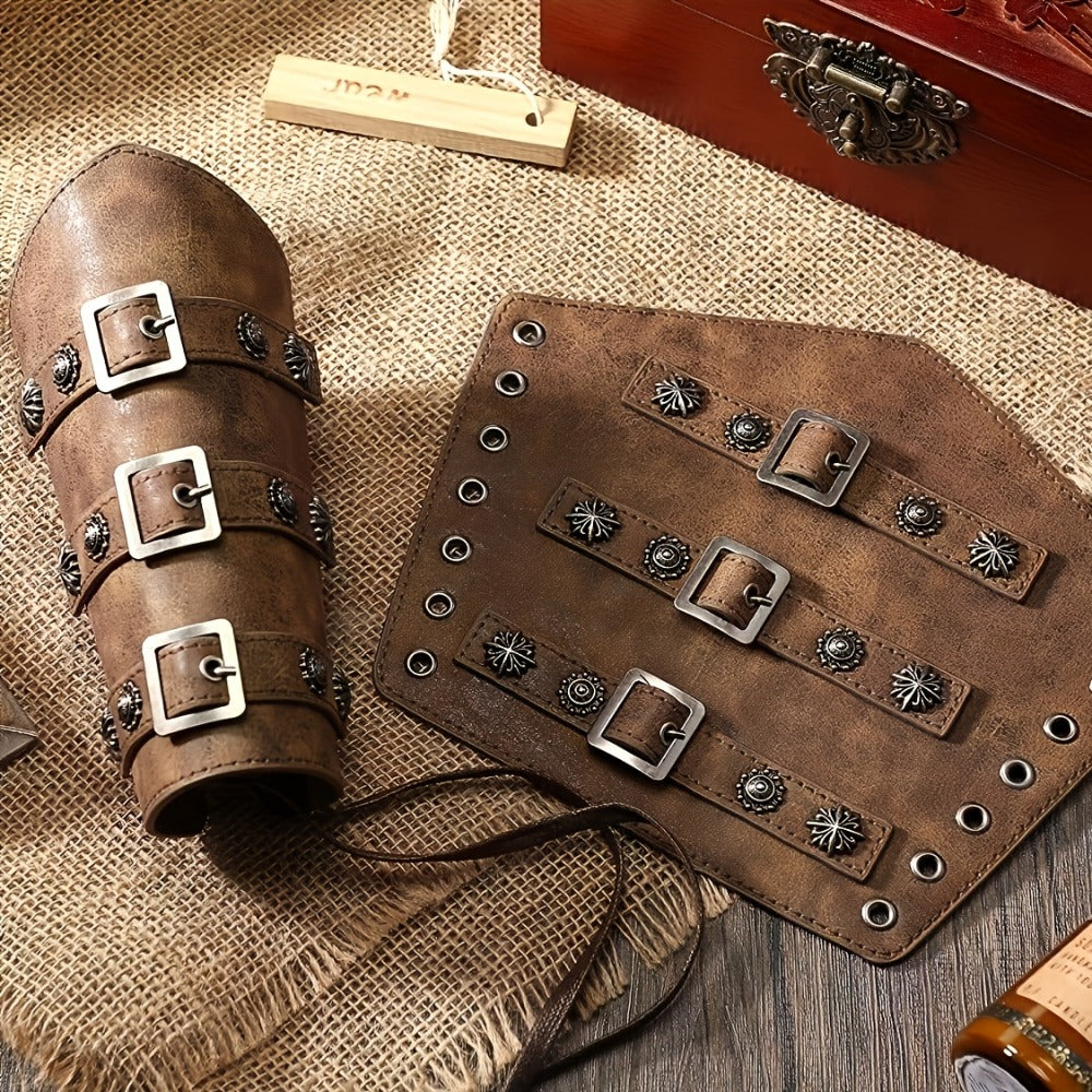 Viking Medieval Leather Arm Guards Bracers – PU Leather Knight Gauntlets Adjustable Metal Buckles Rivets for Men Women Halloween Cosplay LARP Renaissance Fair Stage Costume Dark Brown Khaki Black