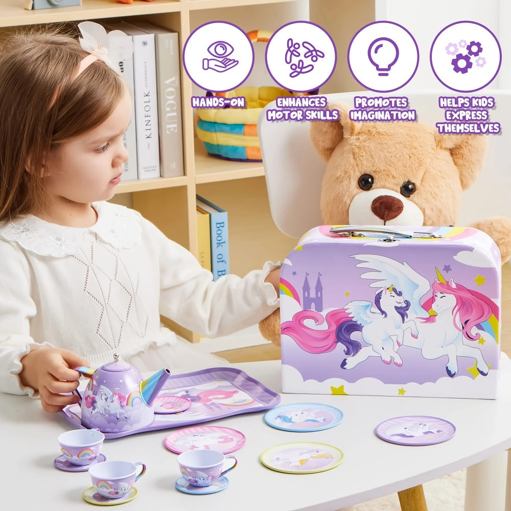 Unicorn Tea Party Set for Girls – Purple Tin Teapot Cups & Plates Pretend Play Princess Kitchen Toy with Storage Case – Magical Unicorn Rainbow Castle Gift for Ages 3+ Birthday Easter Christmas
