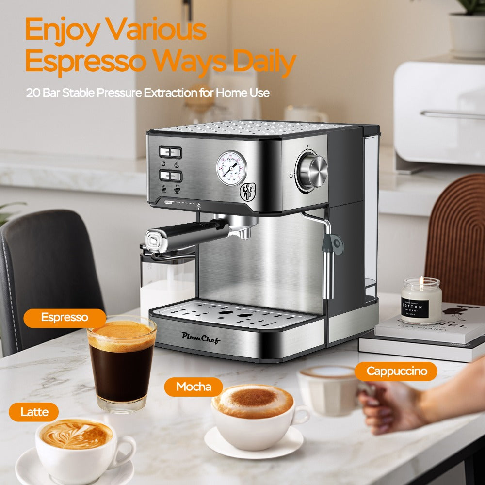 Espresso Machine Stainless Steel – Dual-Brew Coffee Maker with 54.1oz Water Tank, High-Pressure Steam Wand, ESE Pod & Ground Coffee Compatible, 1 & 2 Cup Brewing, Overpressure Protection for Home Barista