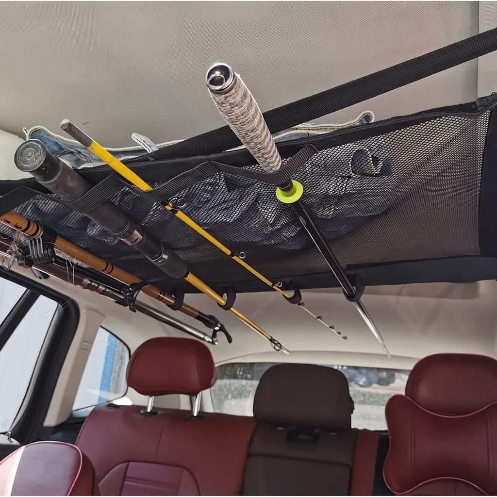Durable Car Ceiling Mesh Organizer - Easy Install, Space-Saving, Adjustable Straps for SUV, Truck, Van - Fishing Rods Fabric Vehicle Roof Storage Net for Fishing Rods, Ski Poles And Long Gear, Easy Installation.