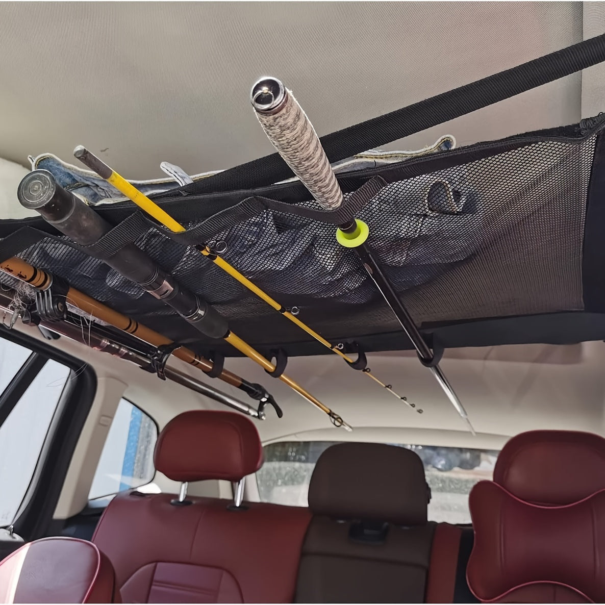 Durable Car Ceiling Mesh Organizer - Easy Install, Space-Saving, Adjustable Straps for SUV, Truck, Van - Fishing Rods Fabric Vehicle Roof Storage Net for Fishing Rods, Ski Poles And Long Gear, Easy Installation.