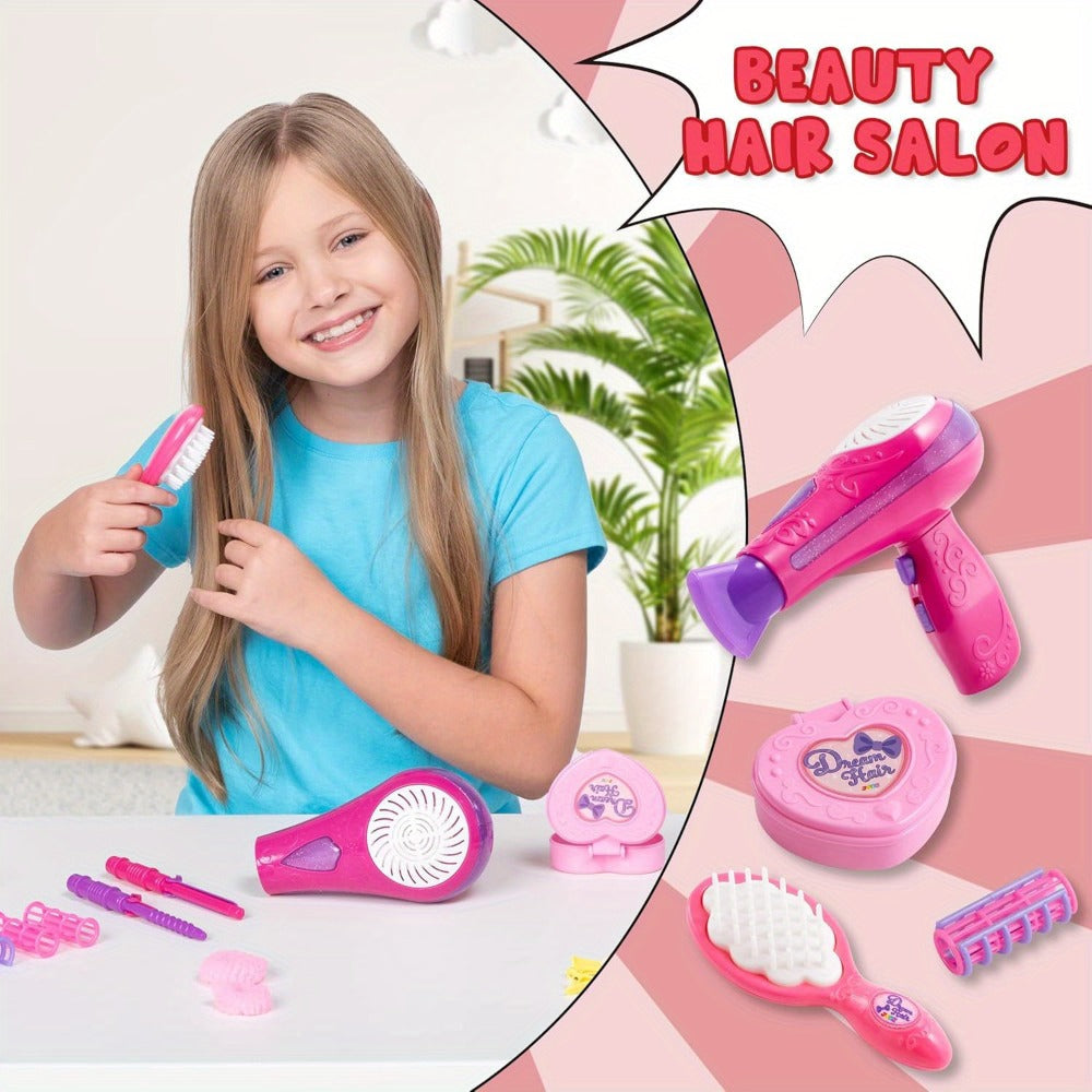 Girls Beauty Salon Toy Set 17 PCS – Pretend Play Hair Stylist Kit with Working Hairdryer Mirror Curling Wands Combs Clips & Jewelry Box | Princess Hair Dresser Toy for Girls Ages 3+ | Best Birthday Christmas Gift