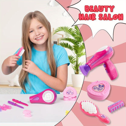 Girls Beauty Salon Toy Set 17 PCS – Pretend Play Hair Stylist Kit with Working Hairdryer Mirror Curling Wands Combs Clips & Jewelry Box | Princess Hair Dresser Toy for Girls Ages 3+ | Best Birthday Christmas Gift