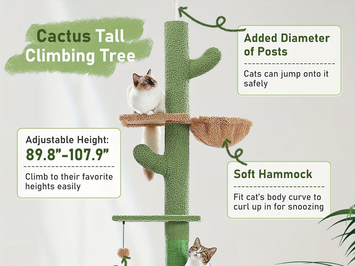 Floor to Ceiling Cat Tree Tower 90–107" – 4-Tier Tall Adjustable Cat Climbing Post with Tension Rod | Ceiling-Mounted Stable Cat Activity Center for Indoor Cats, Multiple Colors