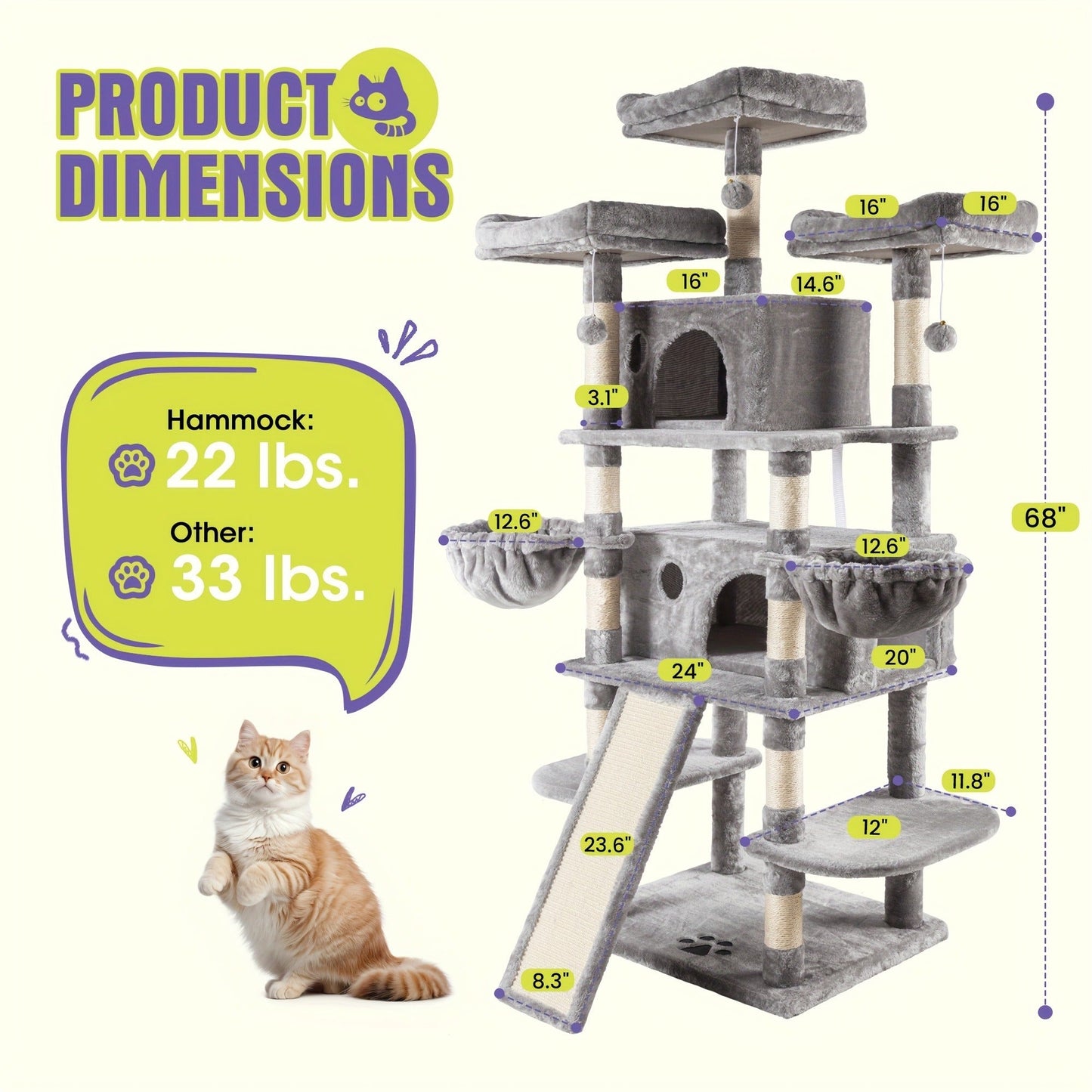 Cat Tree Tower Multi-Level for Indoor Cats - Cat Furniture with Sisal Scratching Posts, Plush Perches, Hammock, Basket & Corner Condo Cave, Hanging Toys & Climbing Ramp, Multiple Sizes & Colors
