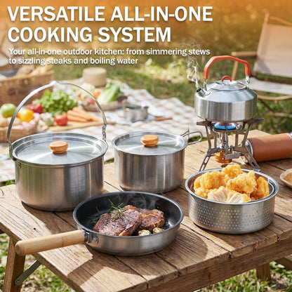 Backpacking Cookware Mess Kit 19/27pcs – Non-Stick Pot Pan Kettle with Stainless Steel Cutlery, Lightweight Camping Cook Set for Open Fire, Hiking & Outdoor Cooking