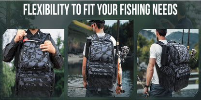 Waterproof Fishing Rod Backpack 42L – Built-In Rod Tube, 16 Pockets & Insulated Cooler Option | Black, Camo, Khaki, Gray