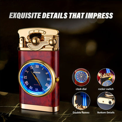 Vintage Rocker Butane Lighter Blue Double Flame Windproof - Multi-Function Dial, Adjustable Flame, Indoor & Outdoor | Gift for Dad & Boyfriend | Butane Not Included