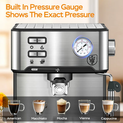 Espresso Machine Stainless Steel – Dual-Brew Coffee Maker with 54.1oz Water Tank, High-Pressure Steam Wand, ESE Pod & Ground Coffee Compatible, 1 & 2 Cup Brewing, Overpressure Protection for Home Barista