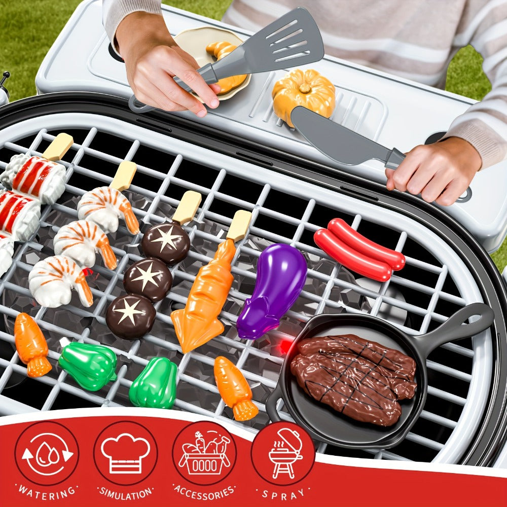 Kids BBQ Grill Playset Two-Tier with Toy Food Meats Fruits Spices & Working Water Tap – Pretend Play Outdoor Cooking Toy for Girls Boys Ages 3+ | Best Birthday Christmas Gift
