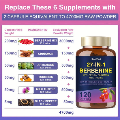 Liver Detox & Gut Health Supplement with Berberine, Ceylon Cinnamon, Milk Thistle, Green Tea & Aloe Vera – Natural Herbal Formula for Blood Sugar, Immune & Metabolic Support – 120 Capsules for Men and Women