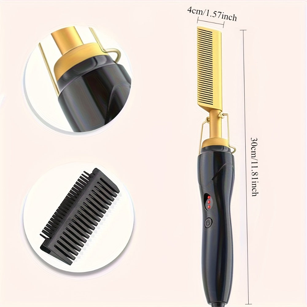 Hot Comb Hair Straightener 2-in-1 Ceramic Heated Brush — Anti-Burn Electric Pressing Comb for Natural Hair & Beard, Portable Curling Iron for Home & Travel, Gold