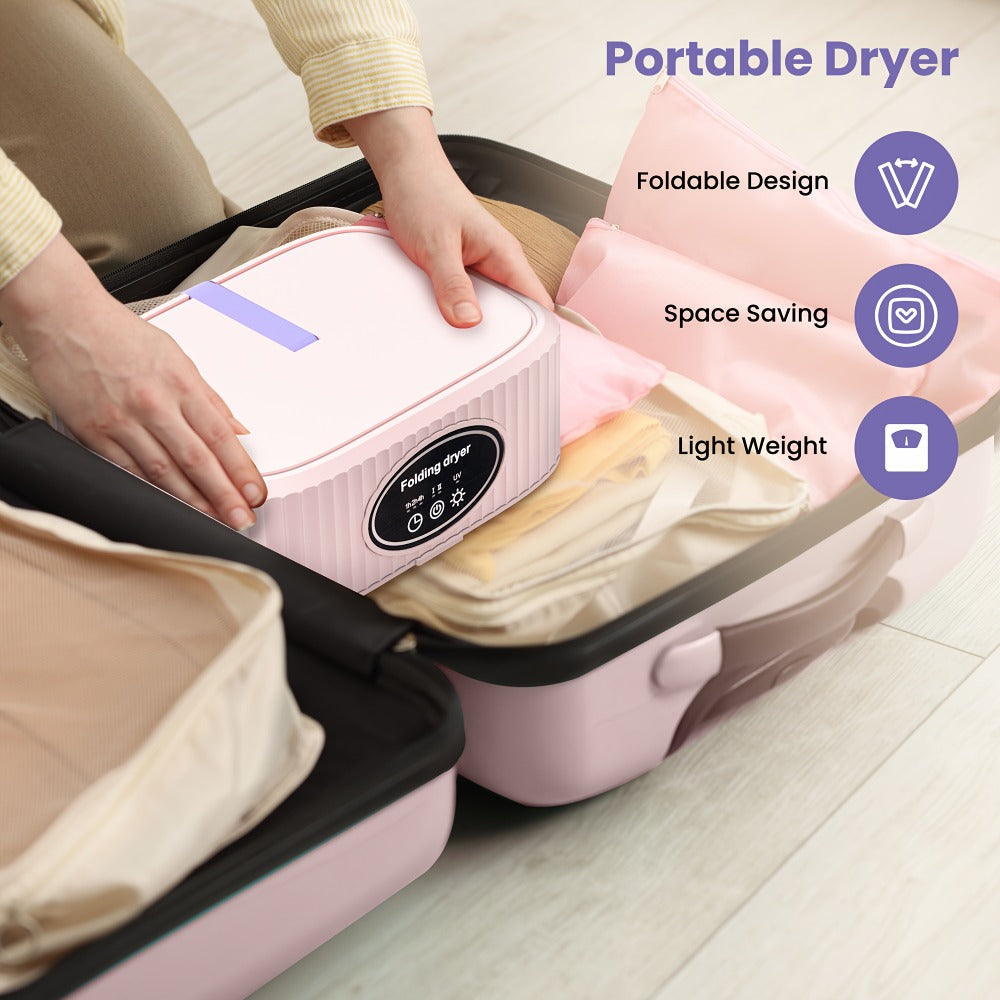 Portable Clothes Dryer with LED UV Light Foldable Compact Quiet Fast Drying Machine with Timer Easy Setup for Apartments Travel RV Small Spaces Pink Khaki Purple
