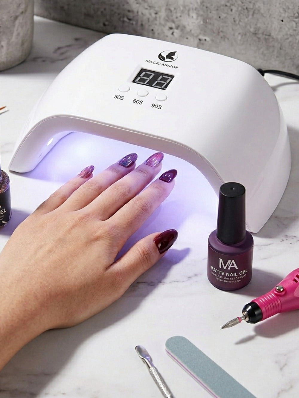 Gel Nail Polish Kit with Lamp and Grinder 35 Colors – Sparkly Matte Glossy Top Coat Base Gel Rhinestone Nail Decorations Complete Set for DIY Beginners Home Salon