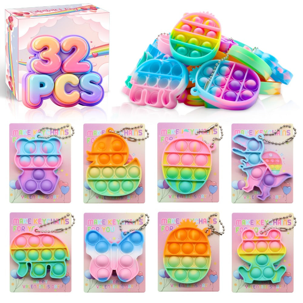 Animal Press Pop Toy Set 32/36pcs – Cute Keychain Fidget Toys for Kids, Party Favors, Classroom Rewards, Birthday Gifts, Backpack Charms, 8 Styles, Colorful Mini Animal Squeeze Poppers