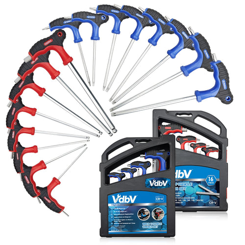 16pcs Professional Hex Wrench Set, Long Ball And Star Hex, T-Handle, Color-Coded, Chrome Vanadium Steel, for Bicycle Repair And, Sizes 1.5-10Mm, T10-T50, 1/16-3/8