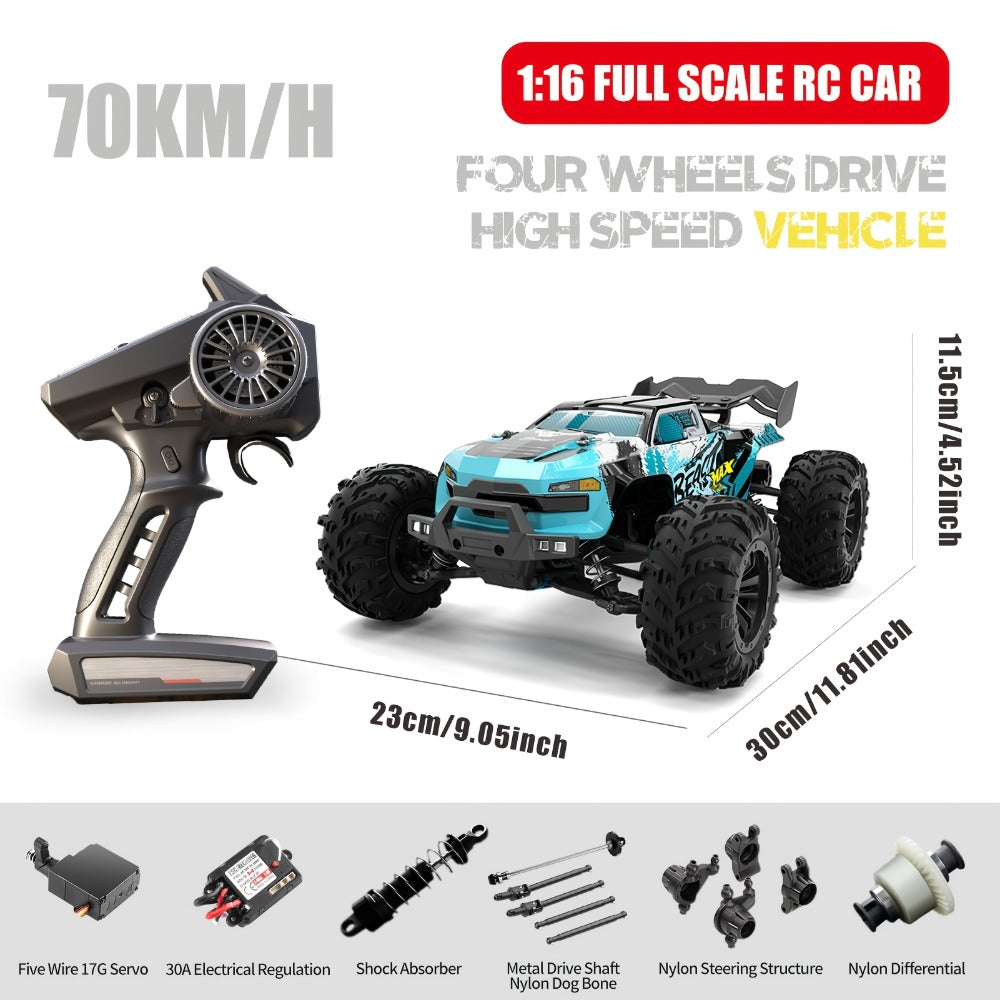 High Speed RC Car 1:16 Scale 4WD 70KM/H Off-Road Drift Racing Vehicle with RC390 Motor, 2.4GHz Remote Control, LED Lights, Head-Up Wheelie, 2 Batteries – All-Terrain Kids & Adult Gift