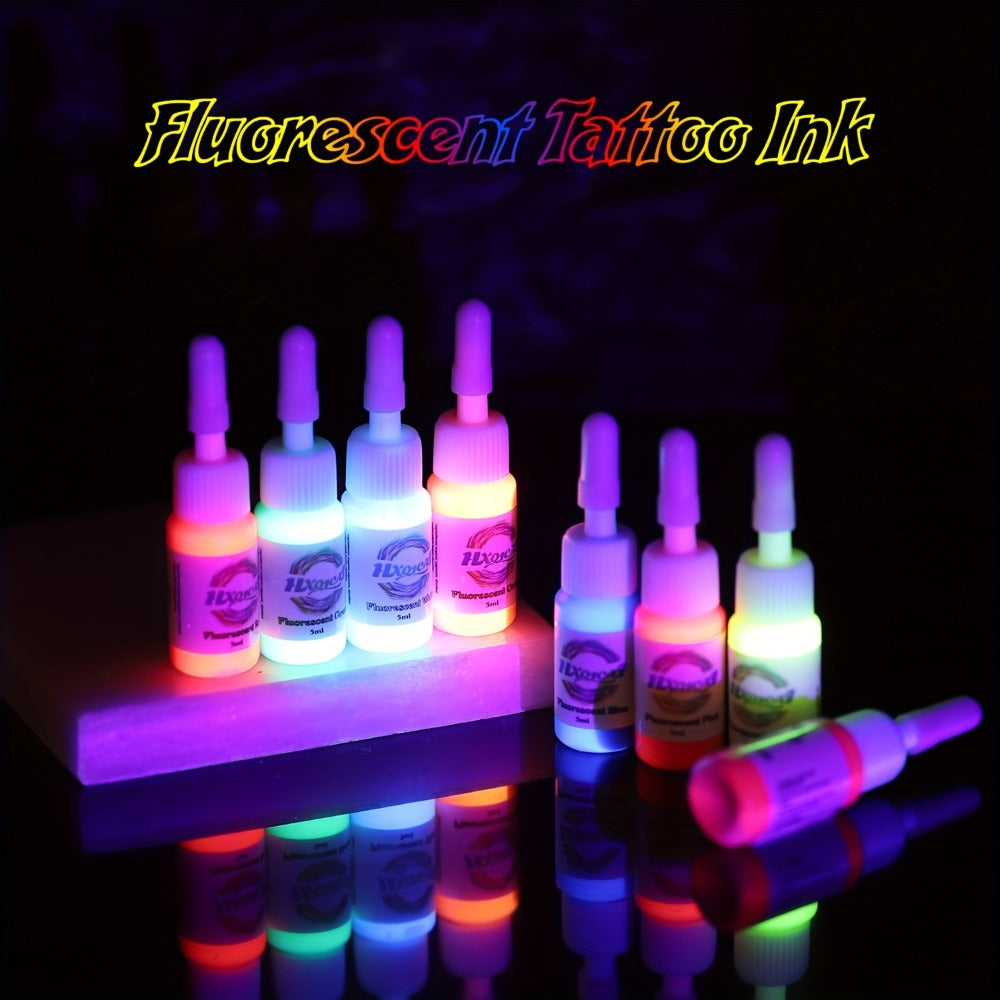 UV Fluorescent Tattoo Ink Kit 8 Colors Glow Under Blacklight – Safe Non-Toxic 5ml Bottles Professional Neon Body Art Ink Set for UV Tattoos Raves Festivals Clubs Blacklight Events
