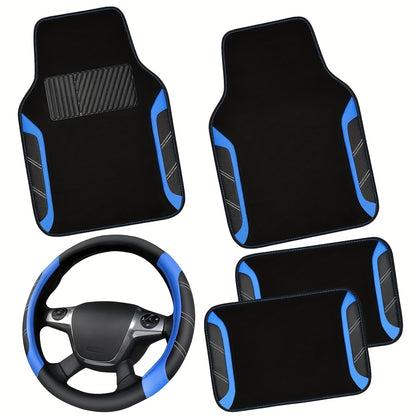Steering Wheel Cover And Waterproof Car Floor Mats, Microfiber Universal Car Combo Fit for 95% Sedan, SUV, Cars, 14.5-15inch Sporty Anti-Slip Safety Comfortable Design