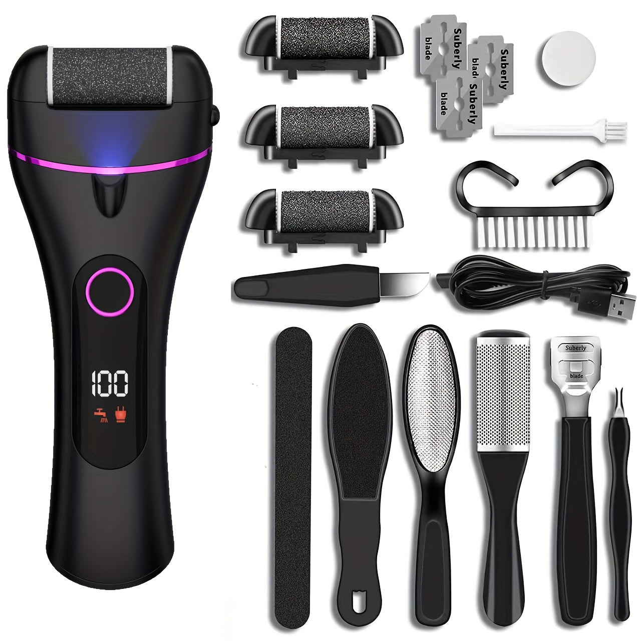 Foot Callus Remover Electric 14-in-1 Rechargeable Pedicure Kit 3 Roller Heads 2 Speed USB Powered Dead Skin Scrubber Cracked Heel Foot File for Women Men Home Salon Use Black Purple
