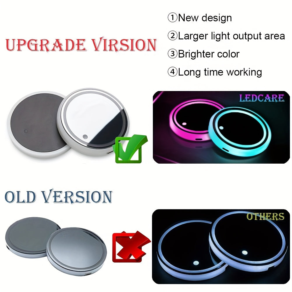 LED Neon Car Cup Holder Coasters – 7 Color USB Rechargeable Glowing Cup Mats, Ambient Light for Car Interior, Bar & Home Decor (Set of 2, Devil's Eye Design)
