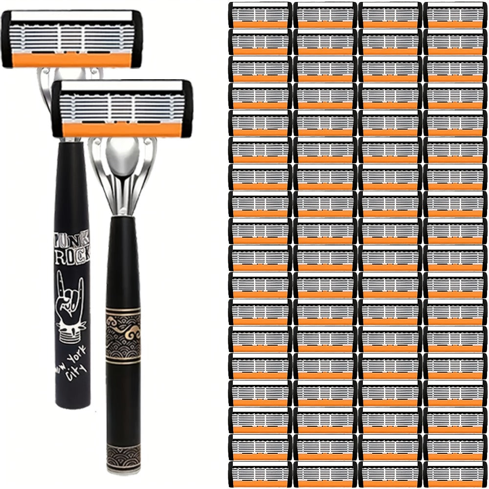 Safety Razor Kit 2 Handles 72 Double Edge Replacement Blades - Classic Wet Shaving Razor Set with Non-Slip Ergonomic Grip for Close Clean Shave Men Face Neck Head Body Grooming