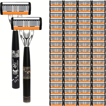 Safety Razor Kit 2 Handles 72 Double Edge Replacement Blades - Classic Wet Shaving Razor Set with Non-Slip Ergonomic Grip for Close Clean Shave Men Face Neck Head Body Grooming