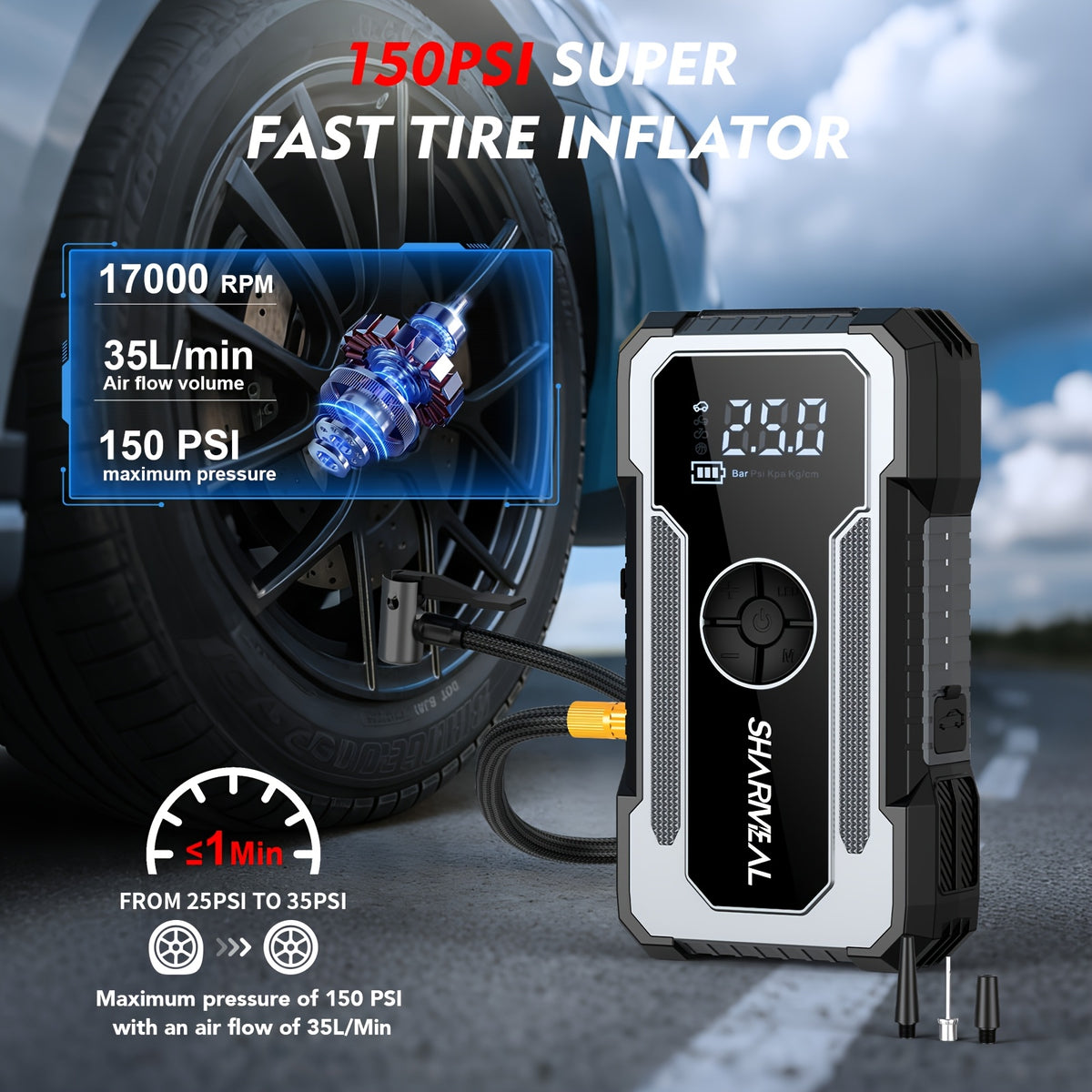 SHARMEAL 16000/20000A 17-in-1 Portable Jump Starter With Air Compressor, Jump Starter For Car, Multi-Function Power Pack With Tire Inflator, LED Light & Power Bank, For 12V Vehicles (All Gas & Diesel Engines), Cars, Trucks, SUVs, RVs & Motorcycles