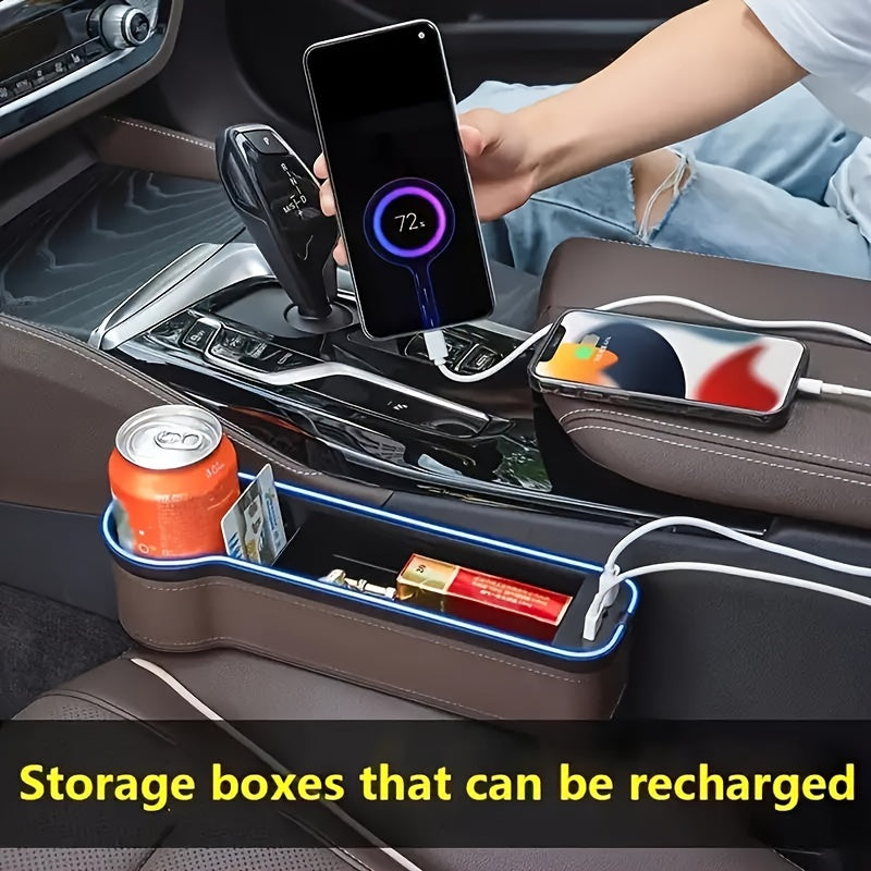 Car Seat Gap Storage Box, Phone Holder Charger, Clutter Organizer, Car Seat Gap Organizer with LED Ambient Lighting, Faux Leather Multi-Function Console Side Bag with Dual USB Charging Ports, for Vehicle Interior Additions