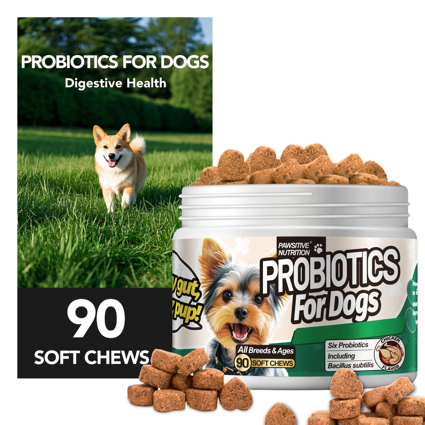 Dog Probiotic Supplement 6 Billion CFU with Prebiotic - 90 Chicken Flavor Chews for Itching Skin Relief, Digestive & Immune Health, All-in-One Canine Nutritional Supplement for All Breeds